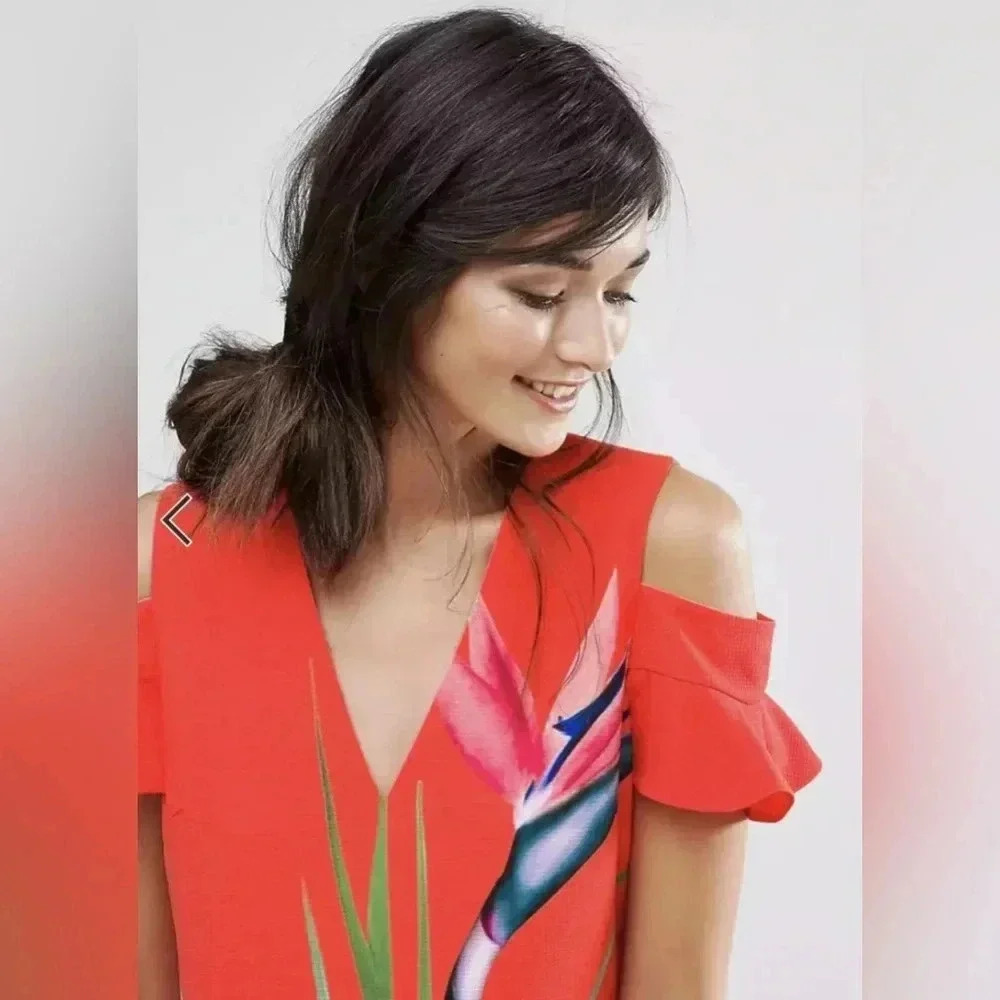 Ted Baker Leea Orange Colorful Floral Print Cold Shoulder Dress Size 4,  012 - Picture 4 of 10